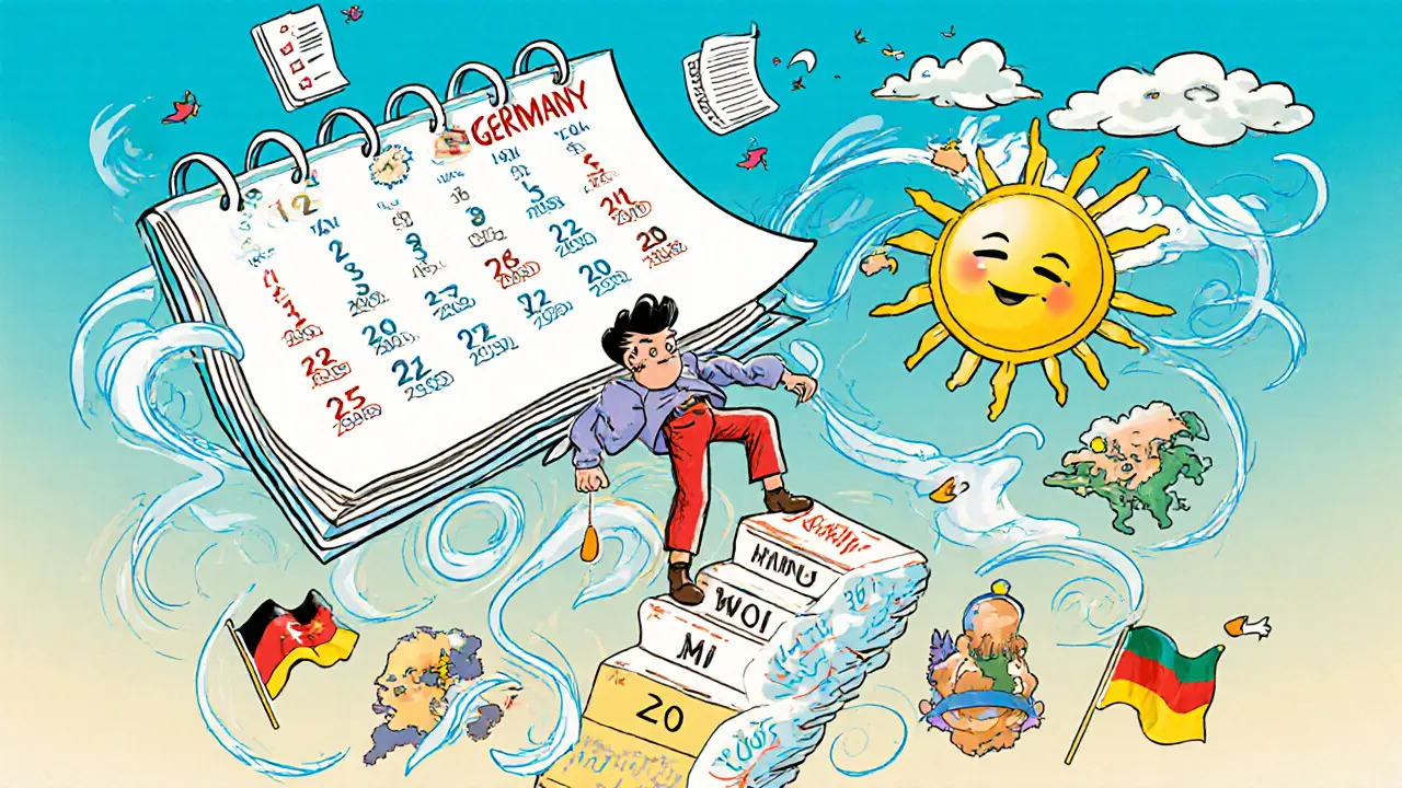 Человек поднимается по лестнице лет владения, избегая налогов, в ярком психоделическом стиле.