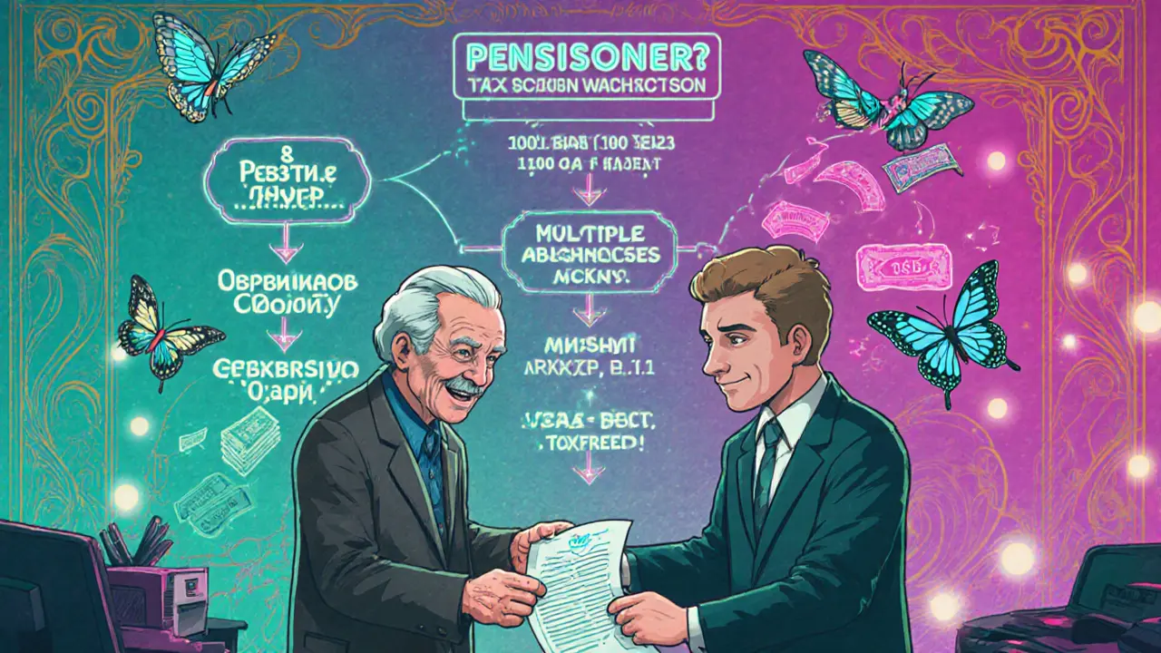 Пенсионер подаёт заявление на льготу в налоговой, вокруг — светящаяся схема выбора объекта.