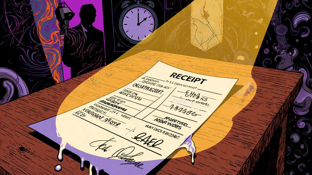 Рукописная расписка с выделенными юридическими требованиями, освещённая как важный документ, защищающий покупателя.