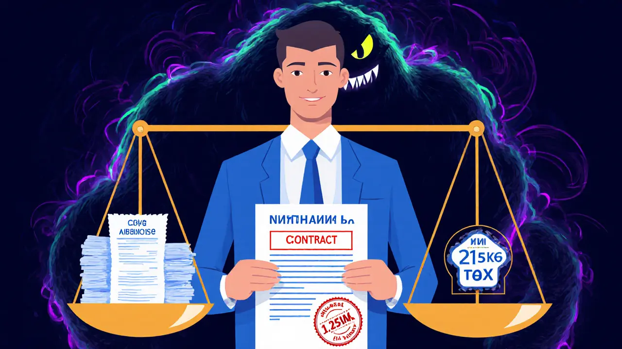 Человек сравнивает расходы и вычет при продаже доли, фон — психоделические налоговые символы.