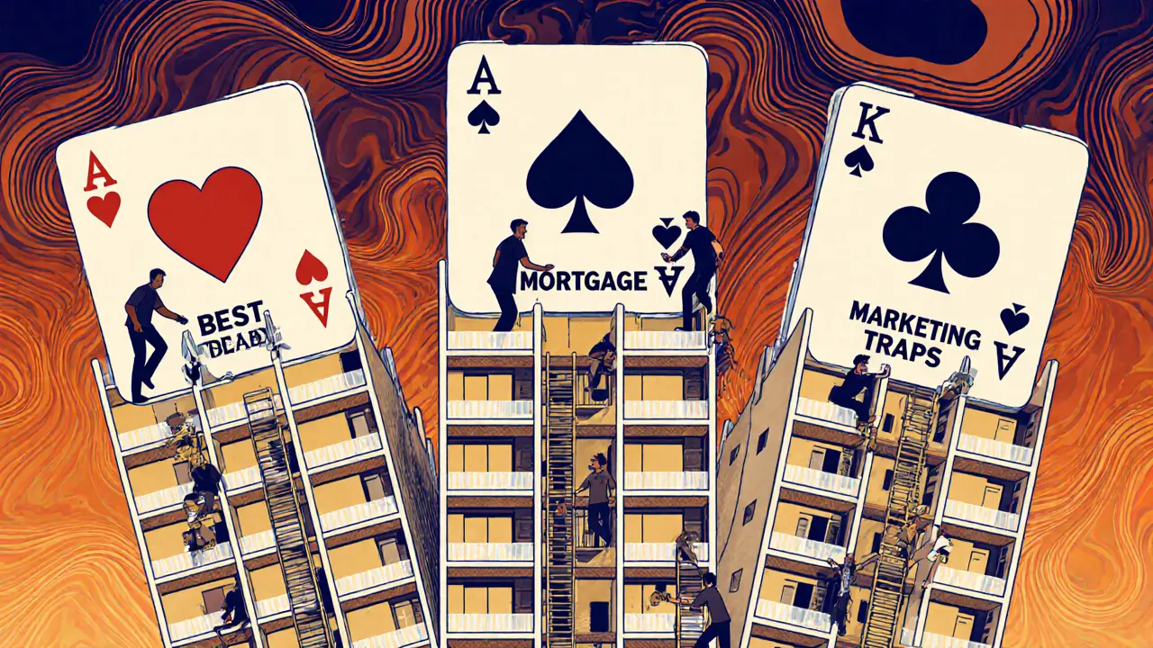 Дома-карты с разными способами оплаты, покупатели выбирают между выгодой и ловушками на фоне психоделического фона.