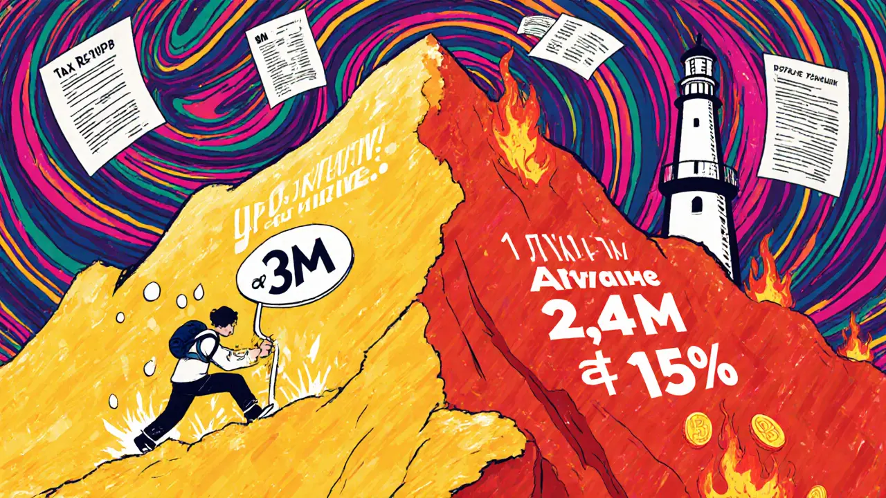 Двухуровневая налоговая гора с золотым и красным склонами, человек поднимается с прибылью 3 млн рублей.