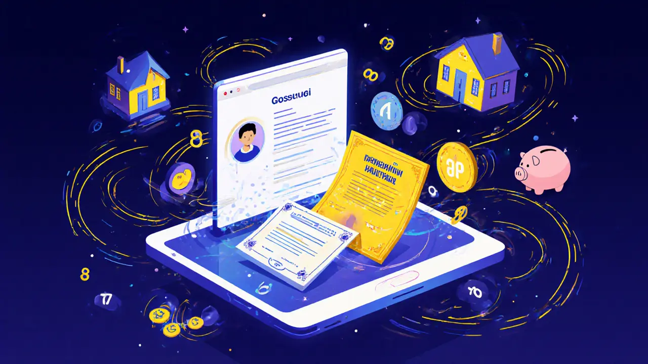 Электронный сертификат материнского капитала на экране с символами жилья, образования и сбережений.