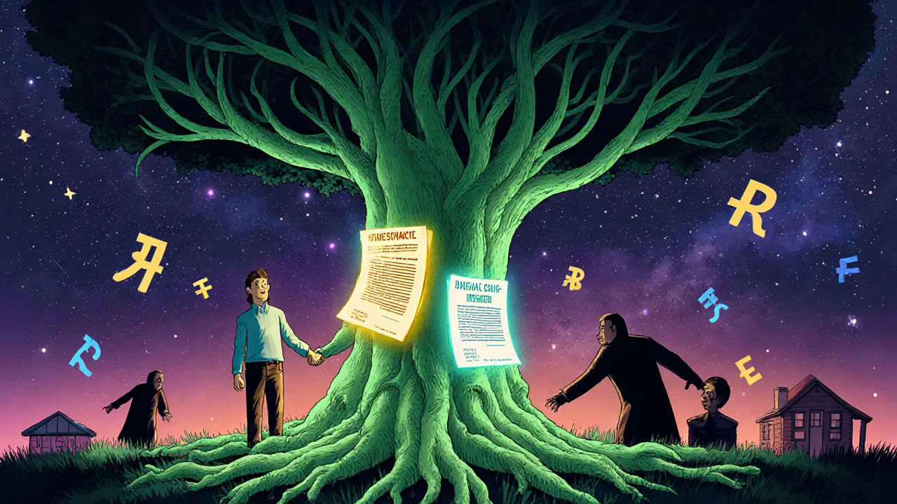 Пара под деревом с корнями-документами, одно завещание светится золотом.