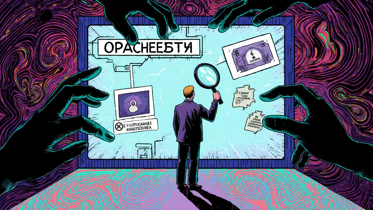 Покупатель проверяет регистрацию ДДУ в цифровом портале, пока тени пытаются украсть его деньги.