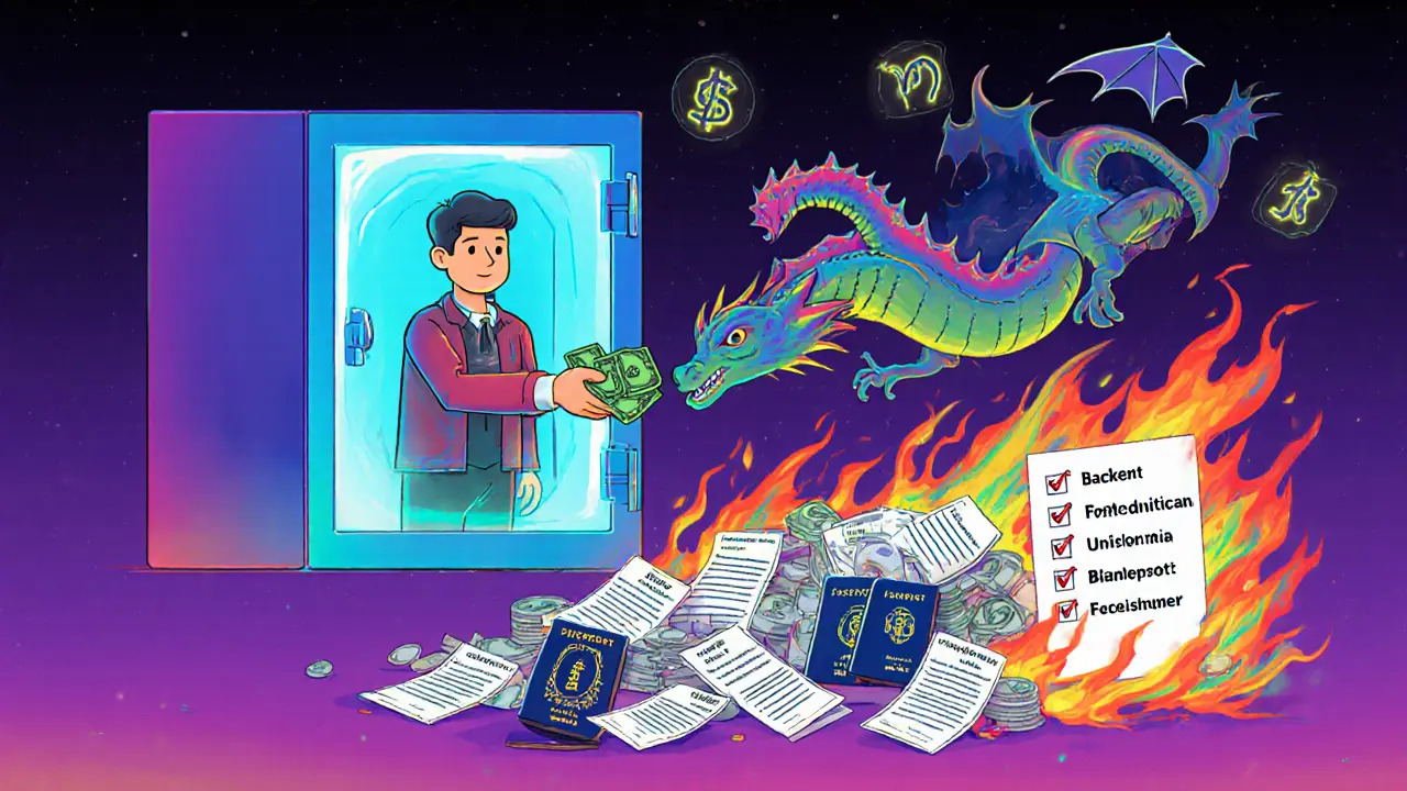 Покупатель в безопасной ячейке передаёт деньги цифровому дракону, вокруг горят поддельные документы.