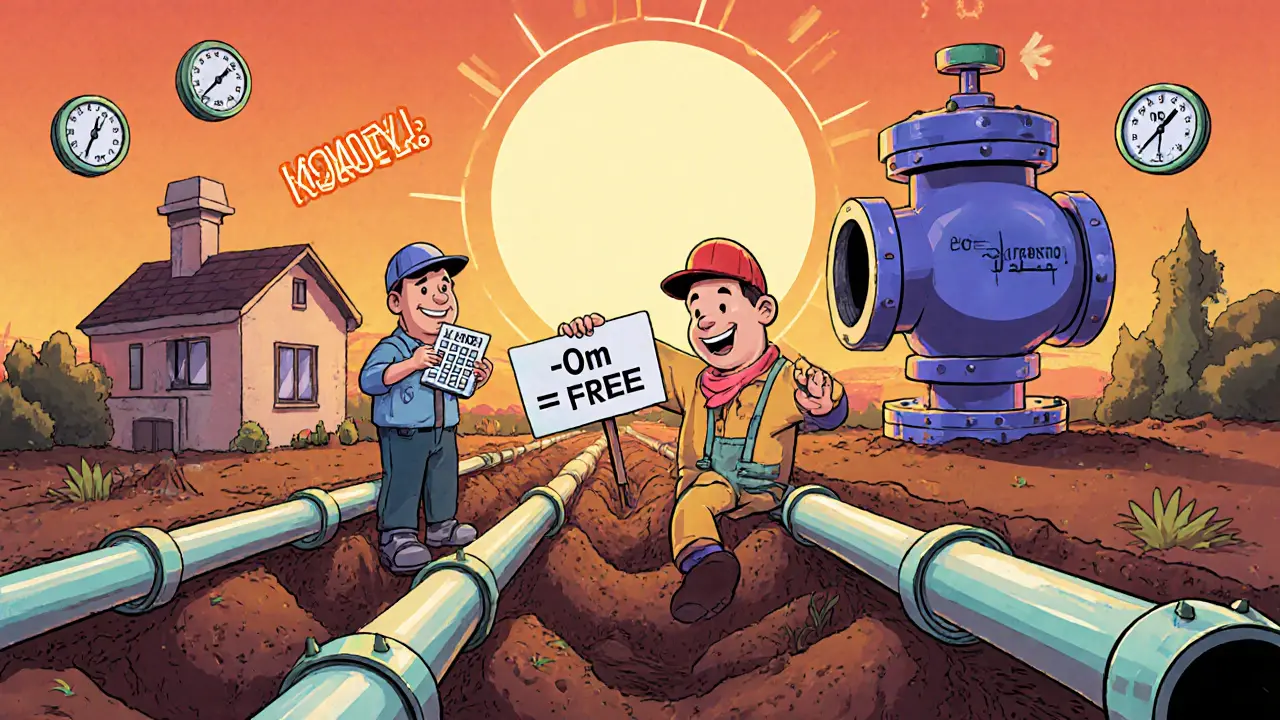 Рабочие прокладывают газопровод к дому, знак &#039;бесплатно до 200 м&#039;, цифры расходов в воздухе.