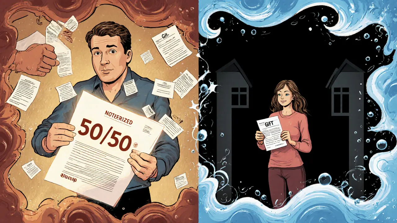 Разделенная сцена: один партнер защищен документами, другой остается с одной распиской.