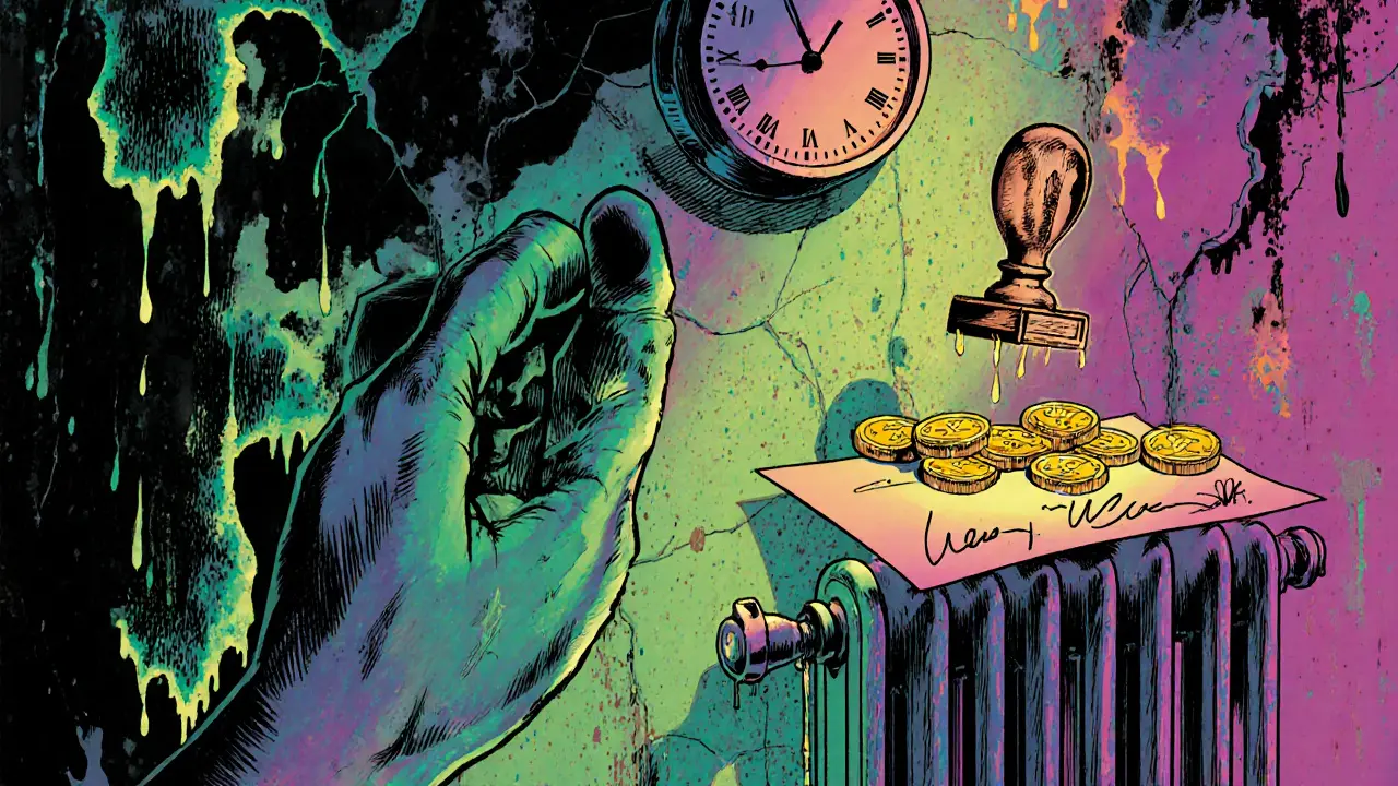 Рука осматривает потекшую стену, из которой растут плесень и капают деньги, часы идут назад.