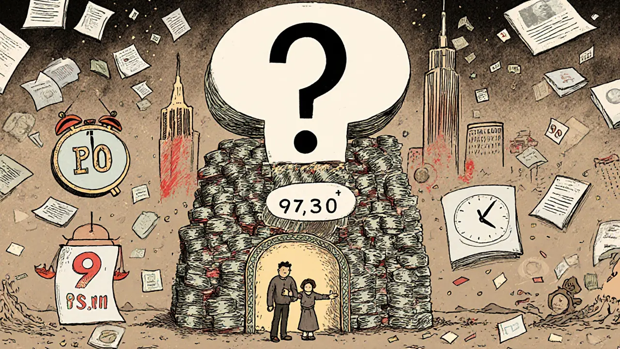 Семья перед домом из денег, рядом огромная цена за квадратный метр, символизирующая нехватку средств.