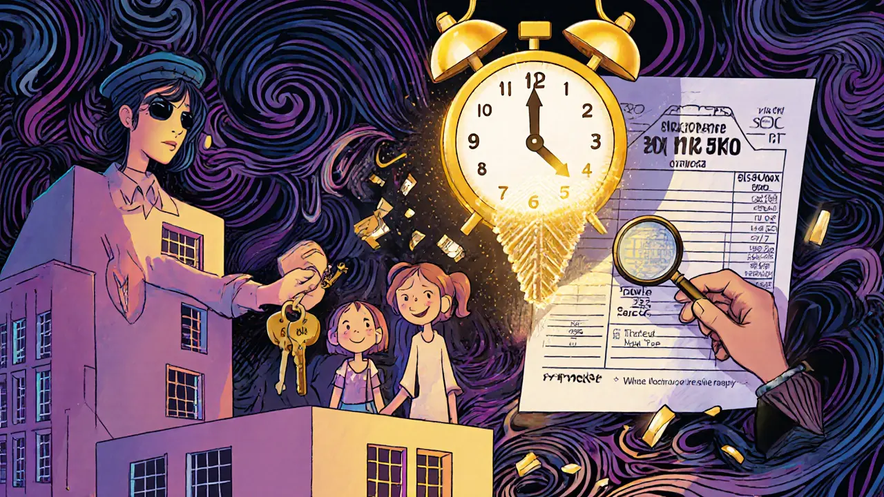 Семья покупает новую квартиру после продажи доли, над ними — тик-так 90 дней, фон — налоговая проверка.