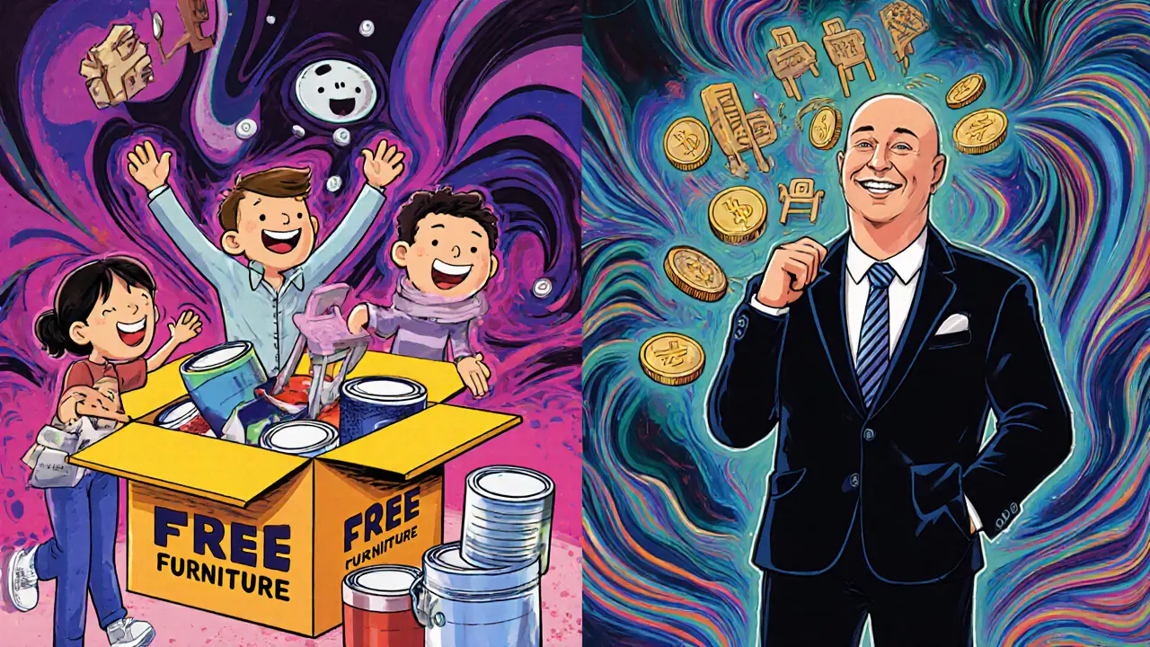 Семья получает подарок с дешевой мебелью, а застройщик прячет проценты в банке — иллюстрация в стиле Вес Вильсона.