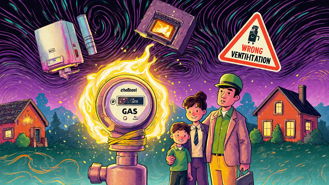 Семья с газовым счётчиком, над ними — котёл и вентиляция, рядом — предупреждения об ошибках.