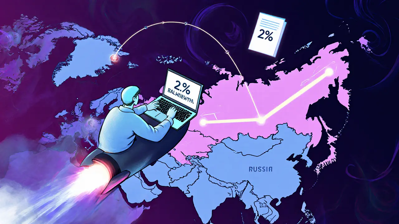 IT-специалист летит над Россией, пути к Дальнему Востоку с цифрами 2% и 0,1%