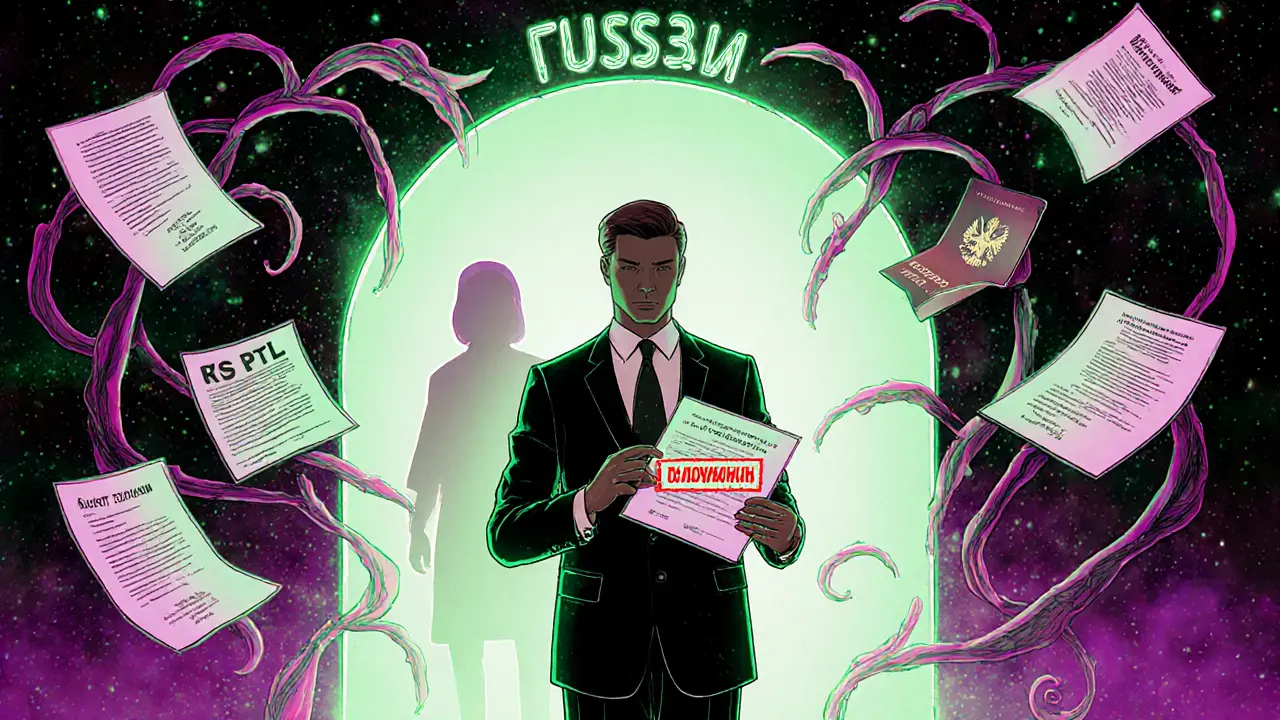 Отец держит свидетельство о рождении с отметкой о гражданстве, вокруг него летят документы в психоделическом стиле.
