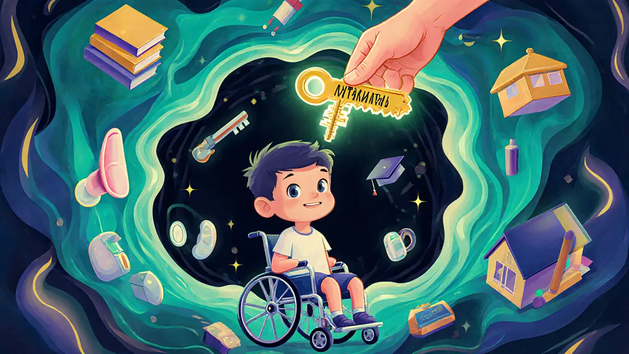 Ребёнок в инвалидной коляске окружен средствами реабилитации, над ними — ключ материнского капитала в психоделическом свете.