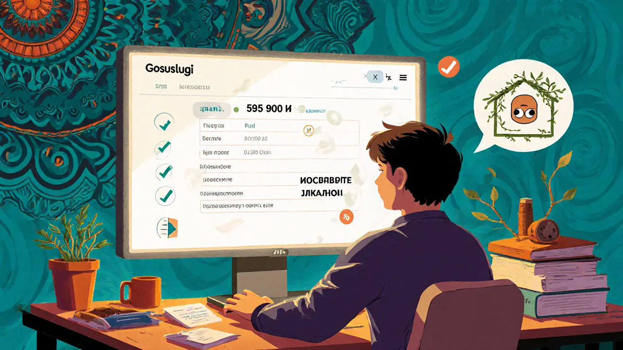 Родитель исправляет заявление на Госуслугах с правильными реквизитами и домом с коммуникациями, в стиле Вес Вильсона.