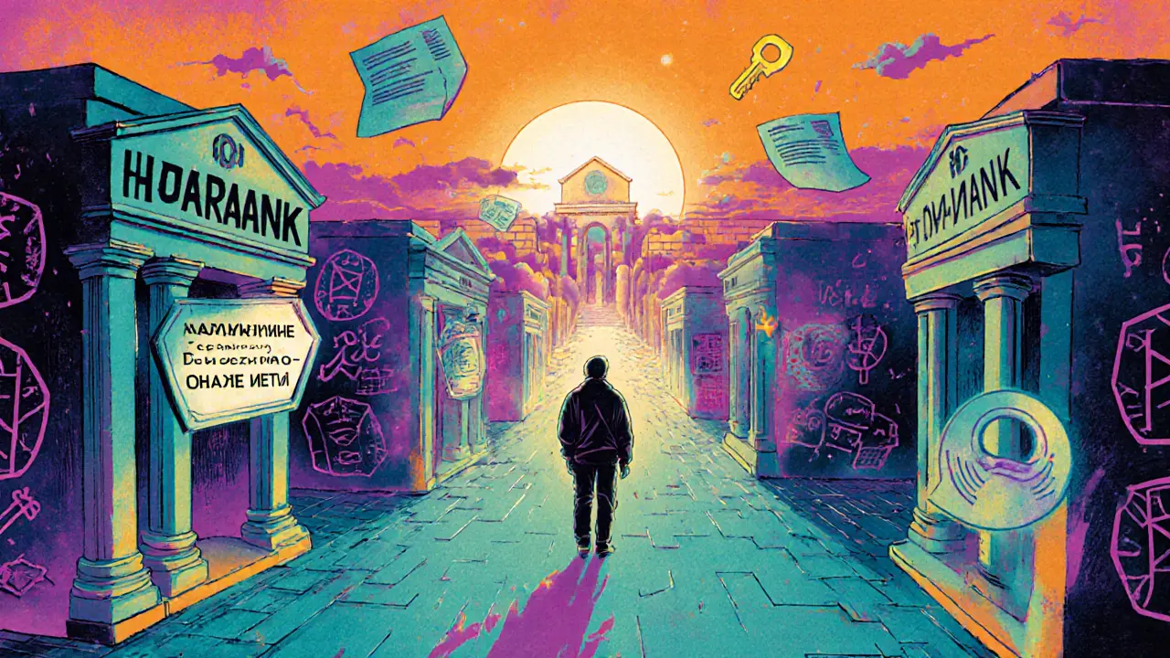 Человек идет по лабиринту банков с психоделическими знаками, путь ведет к свету и ключу-дому