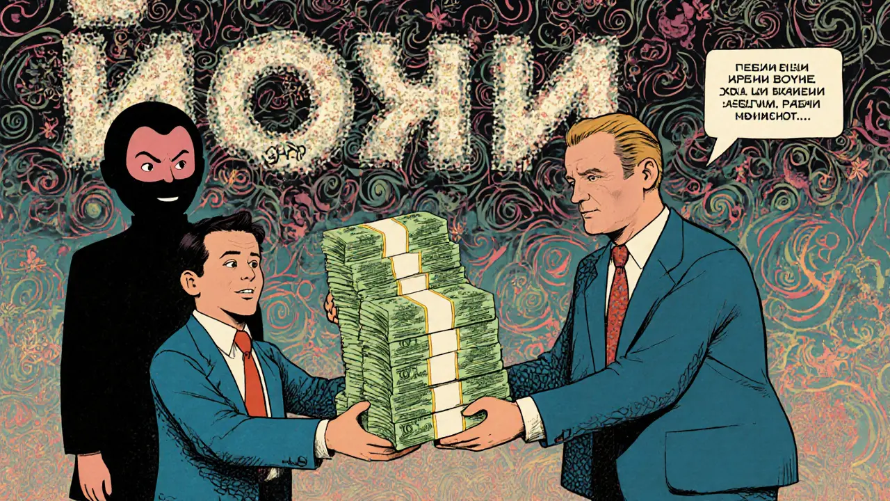 Продавец возвращает удвоенную сумму покупателю, за ними наблюдает тень суда.