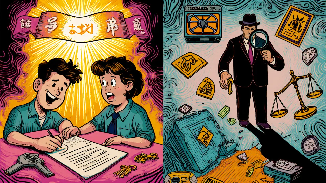 Разделённая сцена: покупатель радуется, продавец боится, над ними — инспектор с лупой.