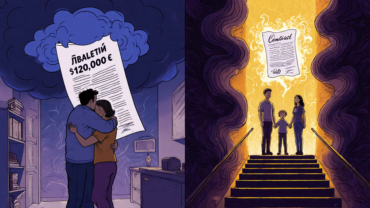 Семья в двух сценах: до и после реструктуризации ипотеки, с психоделическими облаками и светом