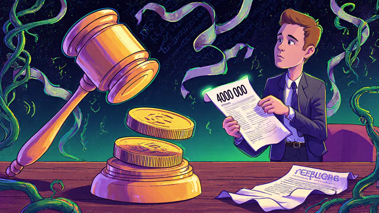 Судья бьёт молотком из двух монет, продавец пытается убежать, покупатель держит чек.