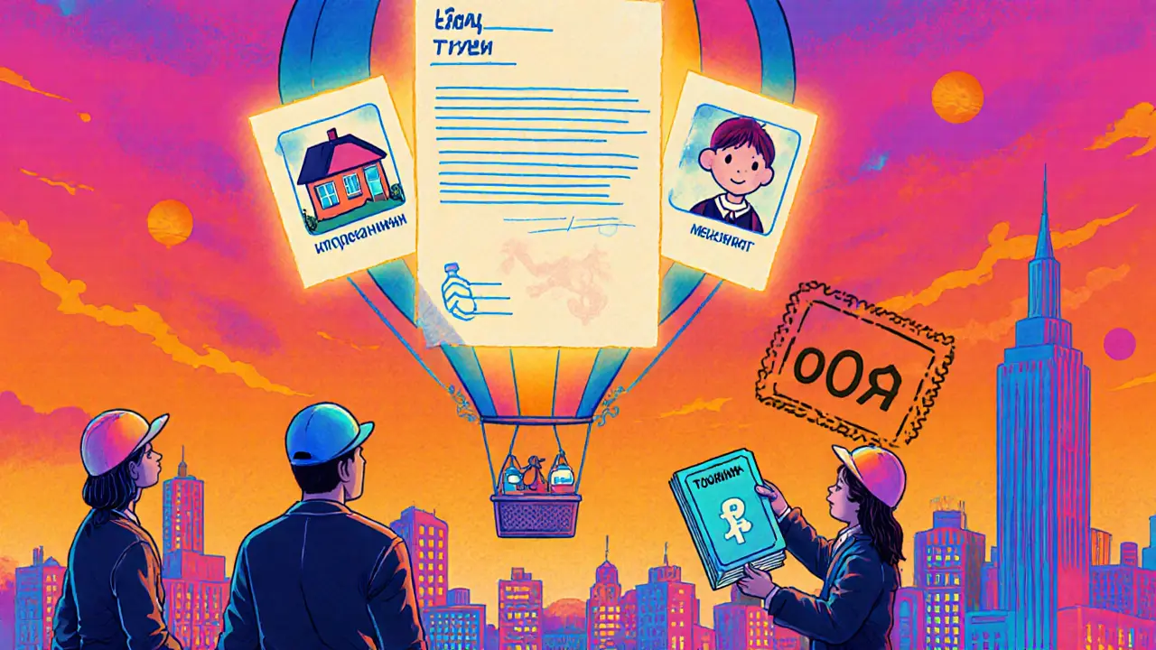 Гигантское уведомление о вычете летит над городом, неся символы жилья, лечения и детей.