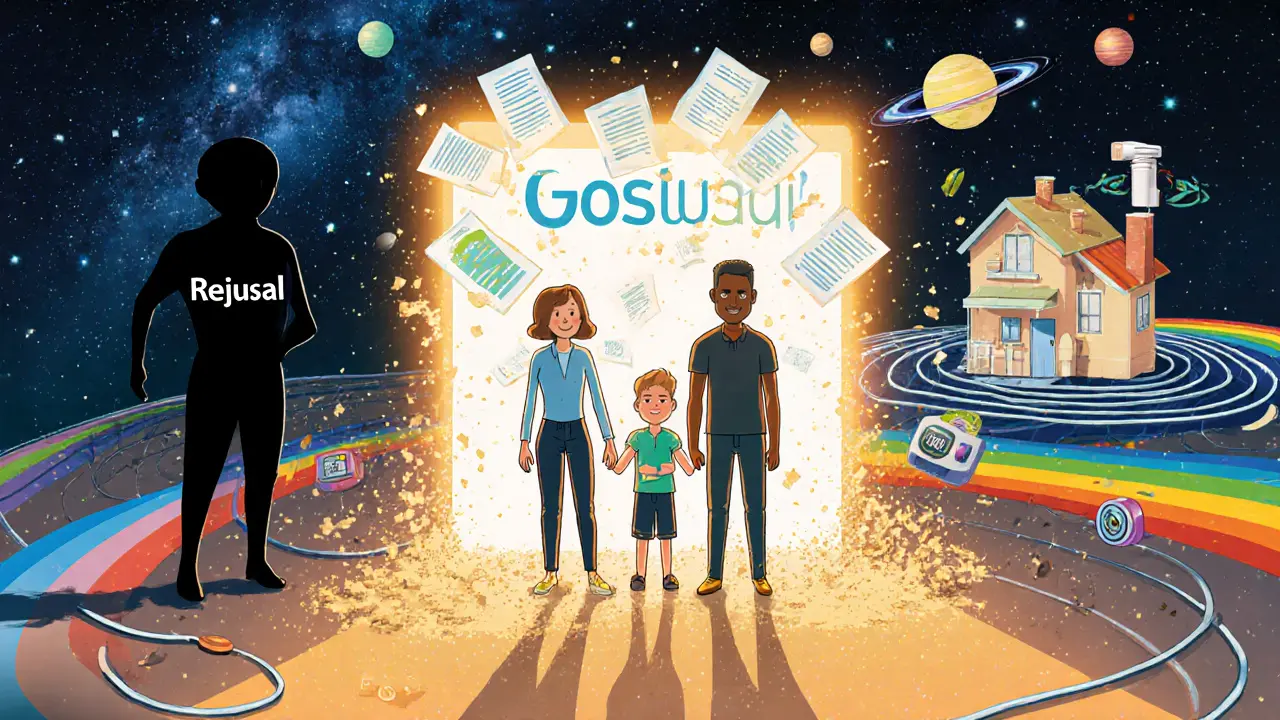 Семья подает документы через Госуслуги, отказ превращается в пыль, дом светится радугой.