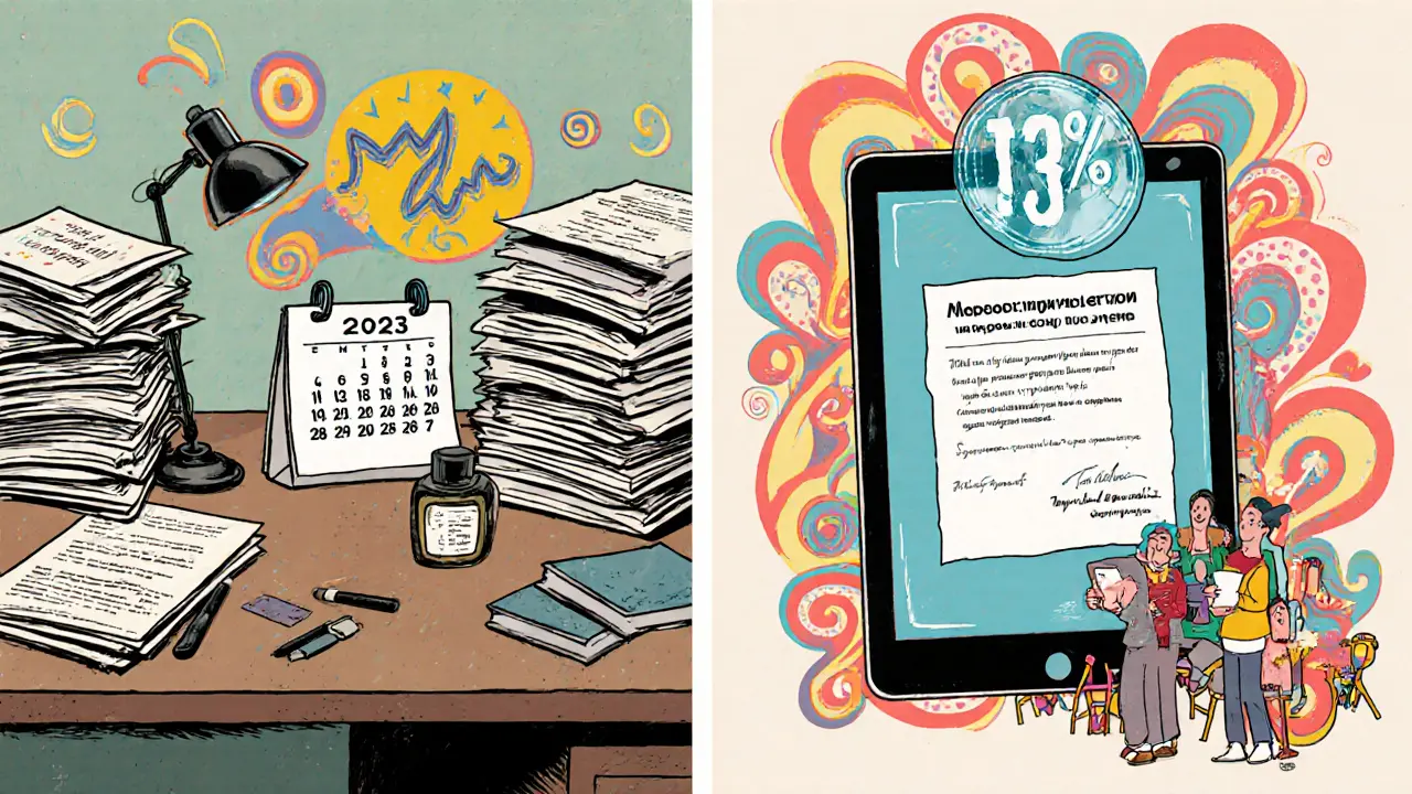 Сравнение старого бумажного процесса и нового цифрового вычета с радужными узорами.