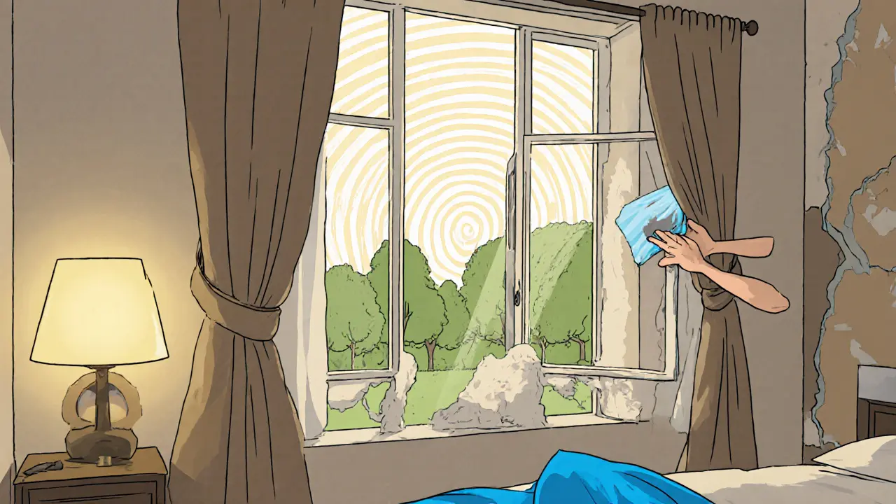 Чистая квартира с открытыми шторами и солнечным светом, иллюстрированная в стиле Веса Уилсона.