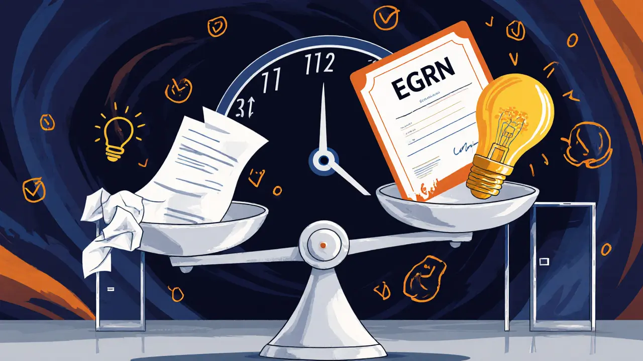 Весы с документами и ключом, украшенные психоделическими узорами, в стиле Веса Уилсона.