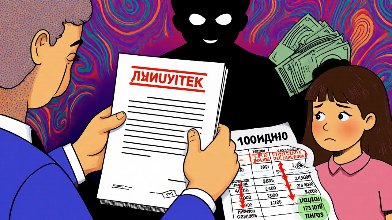 Банковский служащий выдает контракт с аннуитетом, а семья смотрит на непосильный первый платеж.