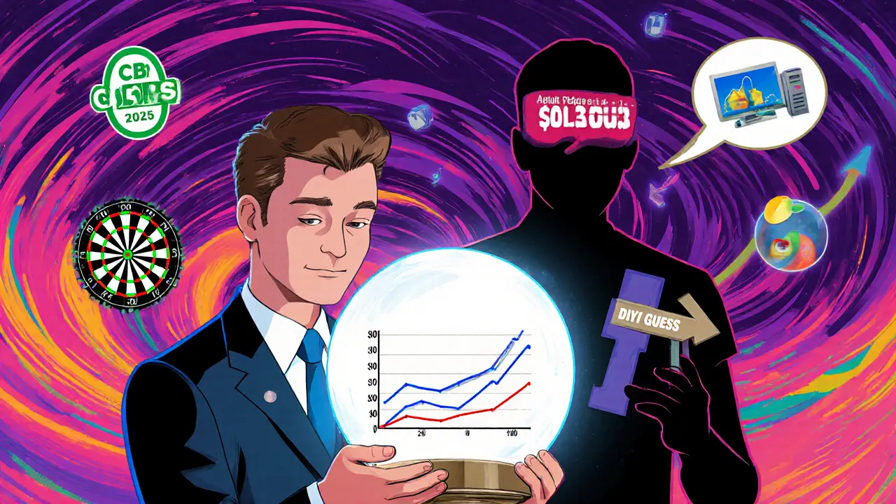 Оценщик с кристаллом доходности, а за спиной — инвестор, угадывающий цену на дартс.