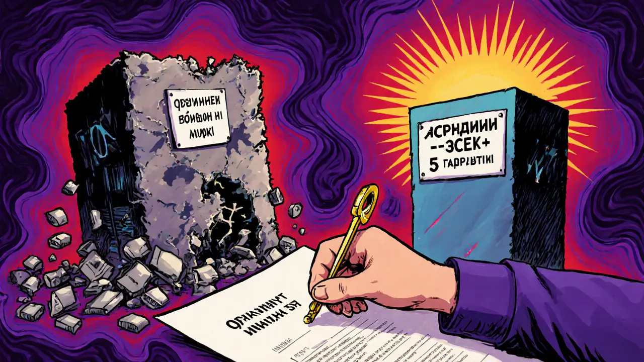 Рука подписывает договор, превращающийся в ключ, а за ним — рушащееся и растущее здания.