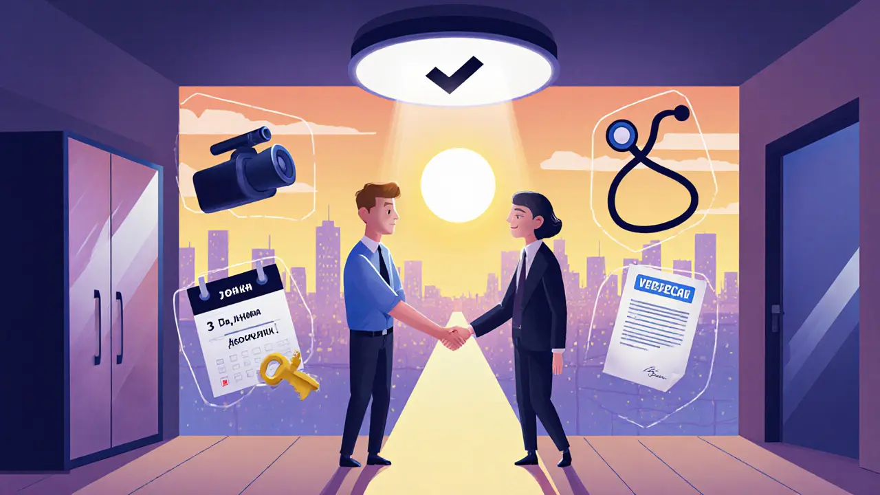 Сделка завершена: руки пожимаются, вокруг — символы безопасности и документы.