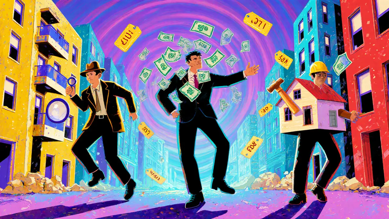 Три метода оценки недвижимости в виде персонажей в психоделическом городе с плавающими ценами.