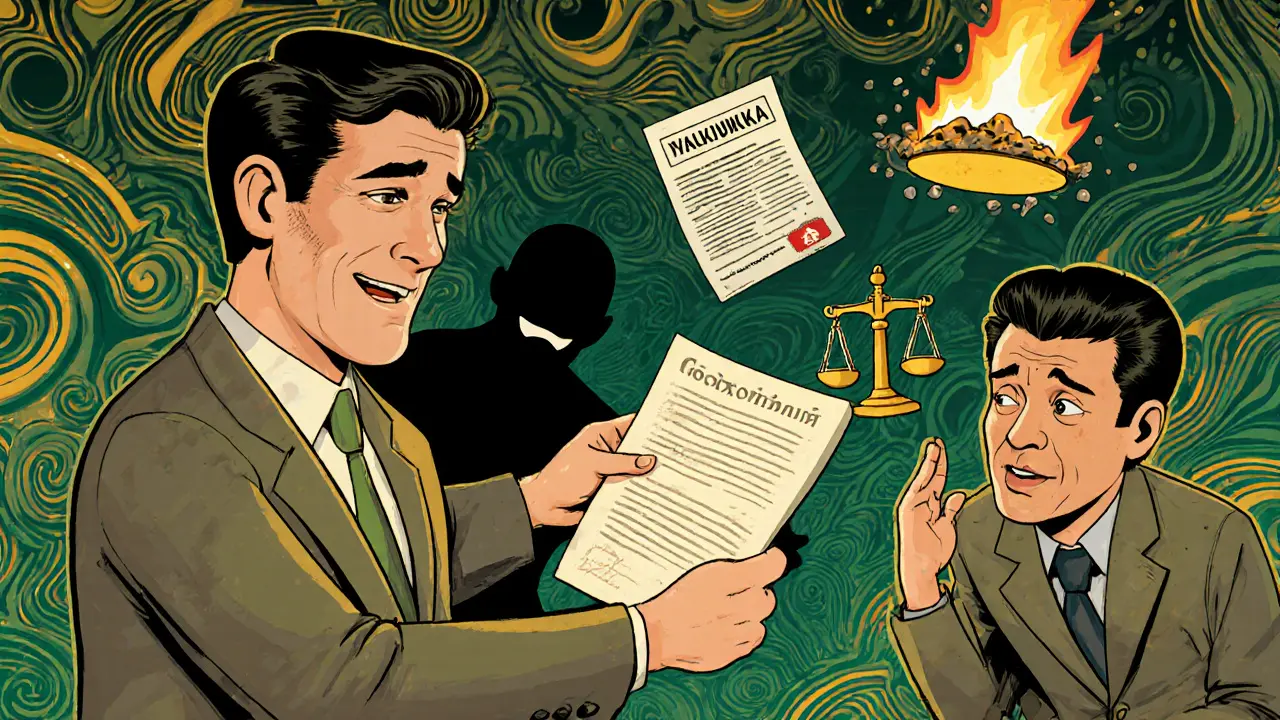 Владелец передает отчет оценки банку, а мошенник убегает с поддельным документом в психоделической сцене.