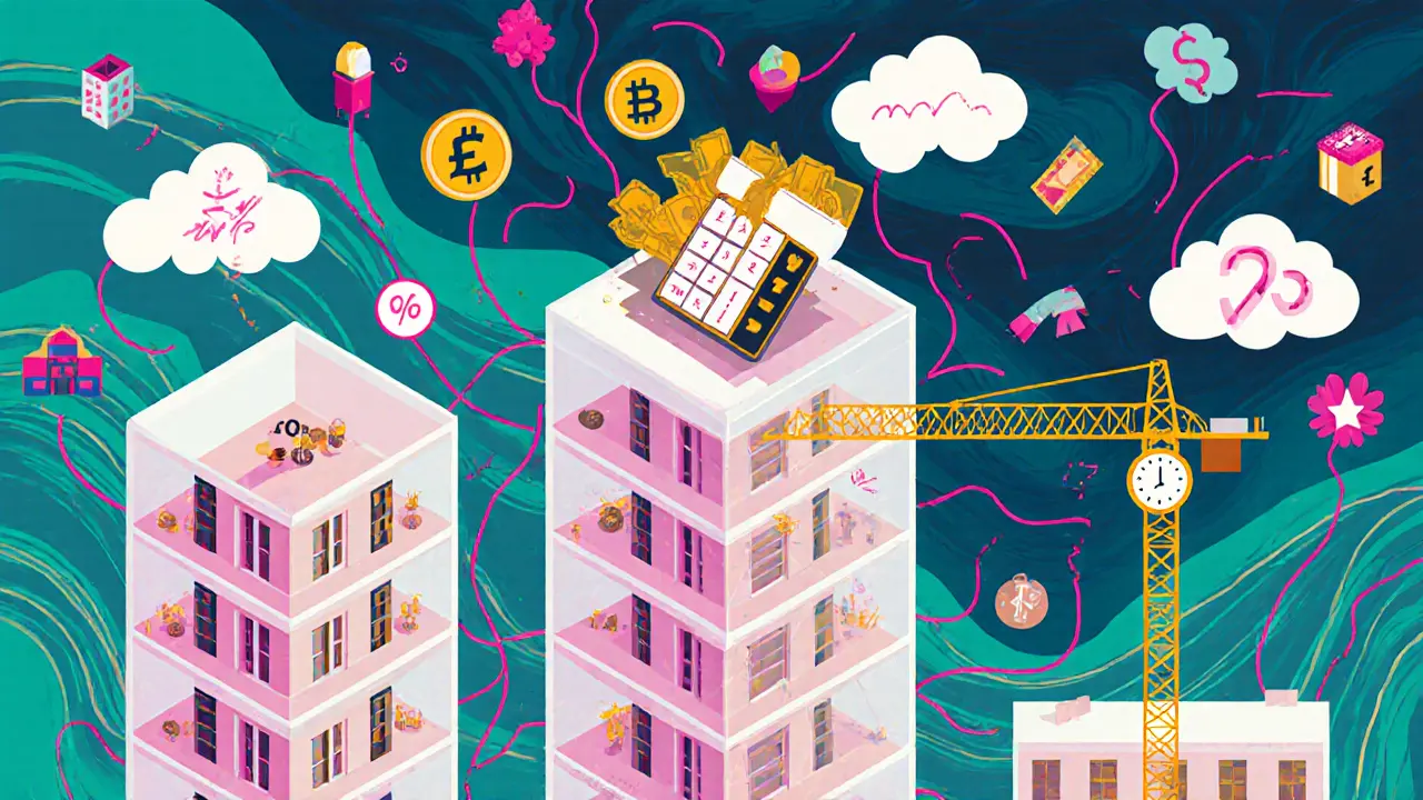 Здание с тремя методами расчета арендной ставки: сравнение, доход и затраты, в психоделическом стиле.