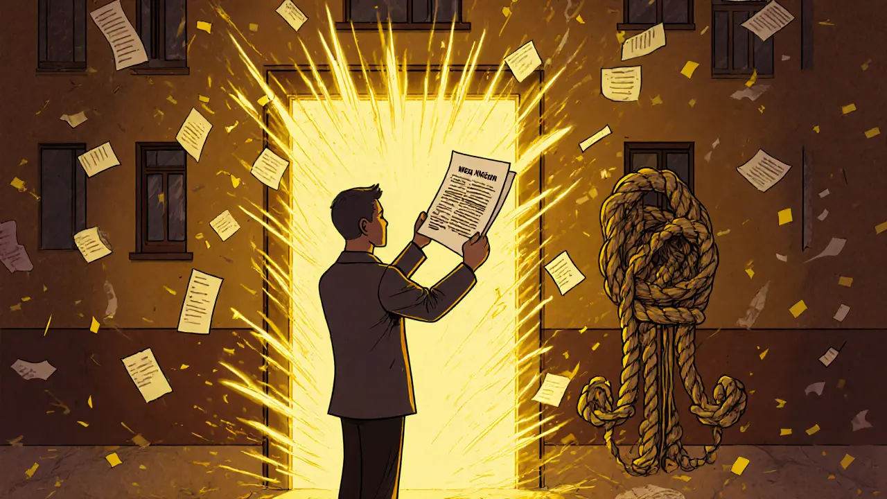 Арендатор получает свидетельство о праве собственности, золотой свет озаряет дом, вокруг — бумажные квитанции в стиле психоделической иллюстрации.