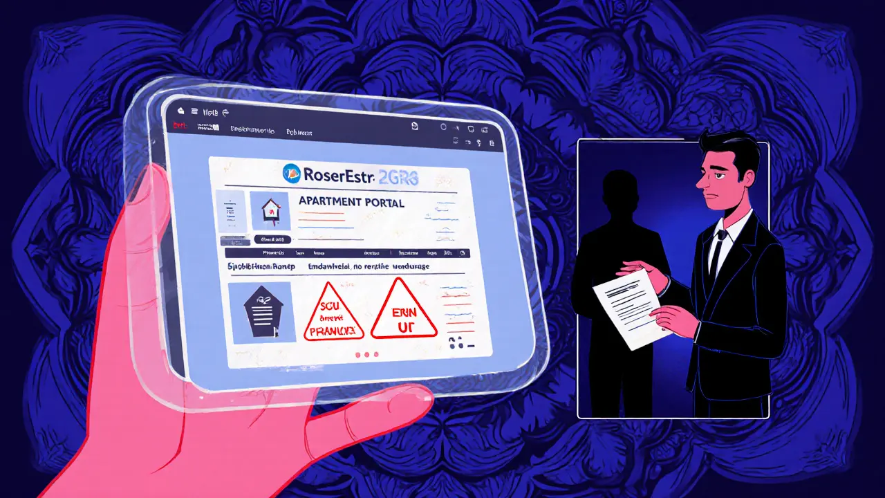 Арендатор проверяет выписку ЕГРН на планшете, пока другой человек пытается купить ту же квартиру, фон — психоделические узоры.