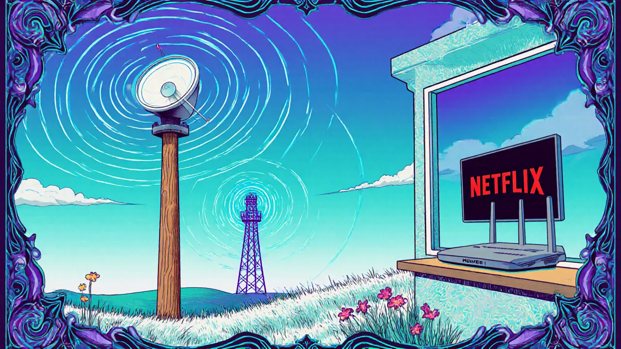 Антенна на столбе ловит 4G-сигнал, роутер на окне с потоковым видео.