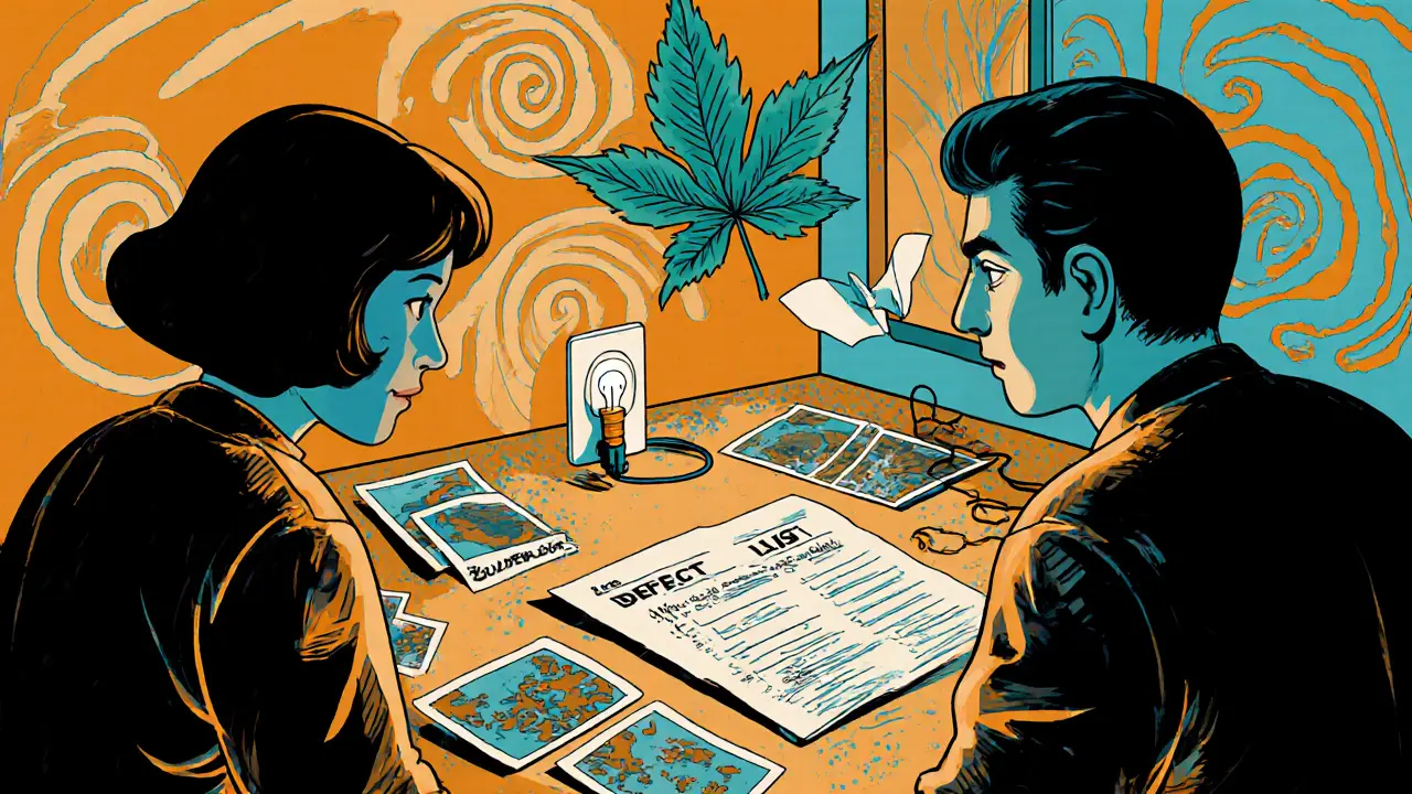 Домовладелец и представитель застройщика обсуждают список дефектов на столе, рядом — фото и тестер напряжения.