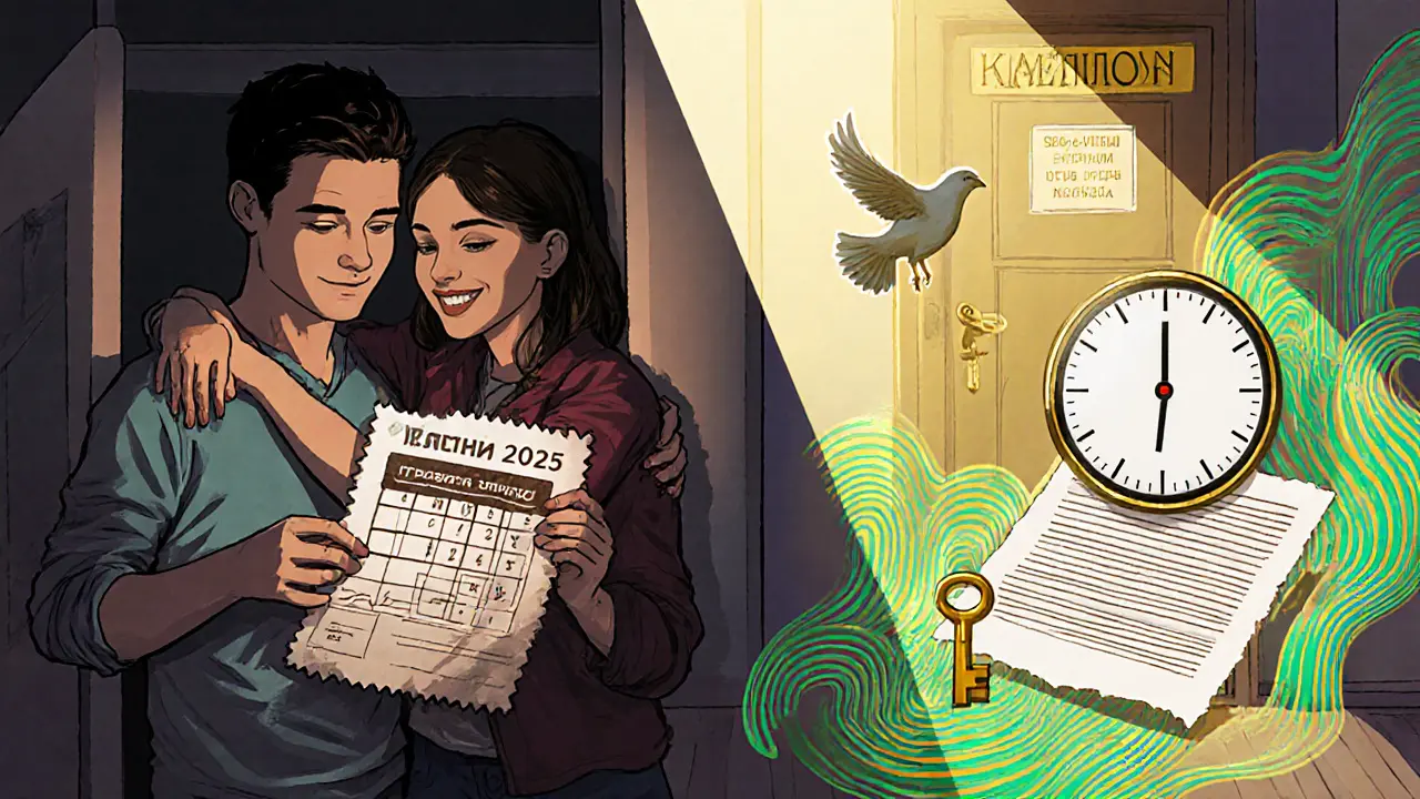 Два сценария: слева — трудности, справа — надежда, документ с новым графиком платежей и птицей с ключом.