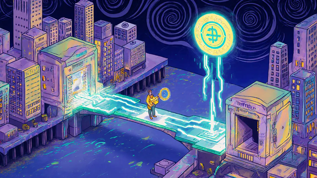 Город из банковских сейфов с цифровым мостом платежей в стиле Вес Вилсона