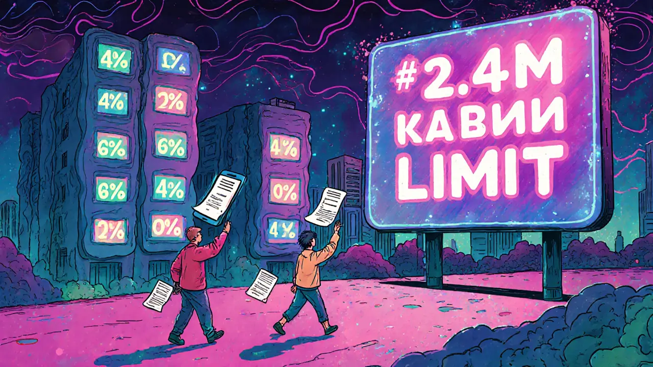Город с домами, отмечающими налоговые ставки 4% и 6%, люди с цифровыми чеками, над головой — предупреждение о лимите 2,4 млн рублей.