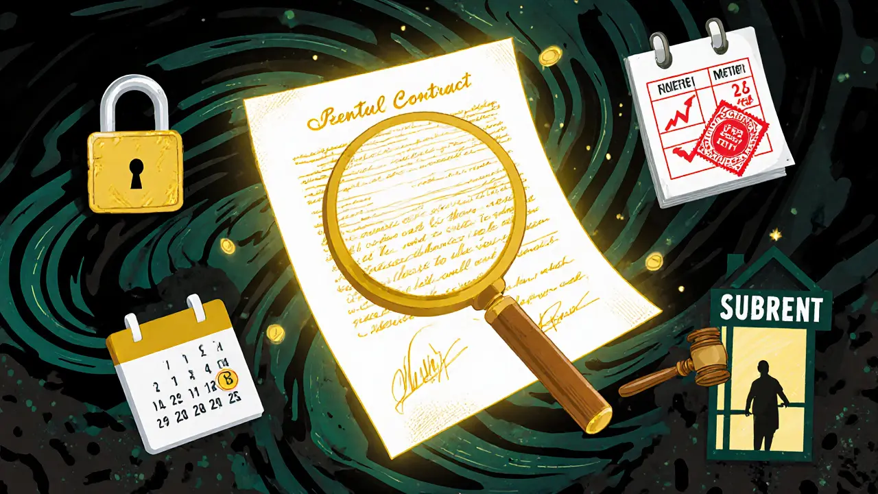 Лупа над договором аренды с символами нарушения: счётчик, календарь, молоток судьи.