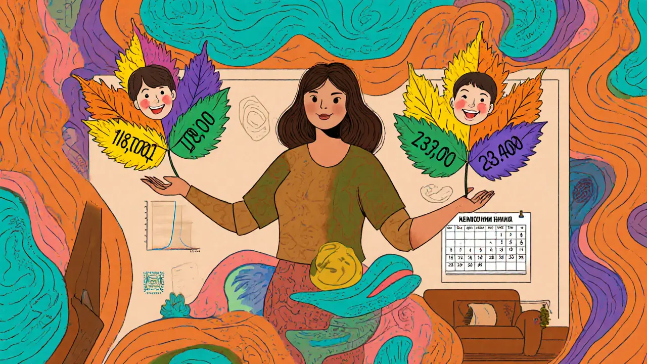 Мать получает ежемесячные выплаты в виде психоделических листьев с суммами, фон — квартира и календарь поддержки.