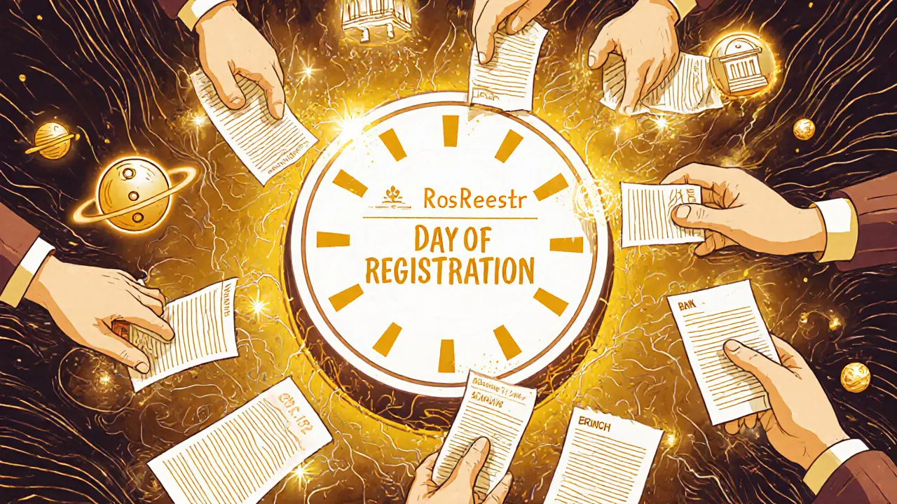 Один день регистрации: восемь рук ставят печати на вращающемся календаре с цифровыми символами.