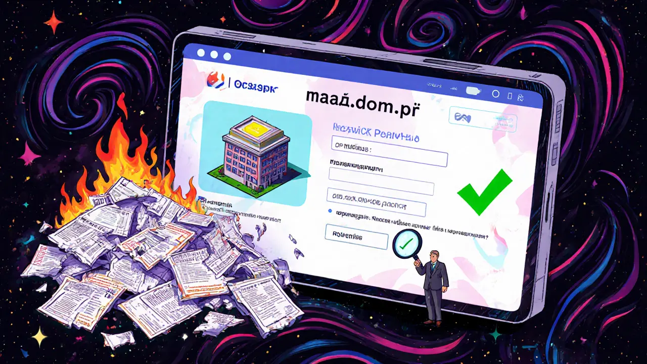 Пользователь проверяет статус дома на сайте &#039;наш.дом.рф&#039;, где появляется зеленая галочка, а вокруг горят фальшивые бумаги.