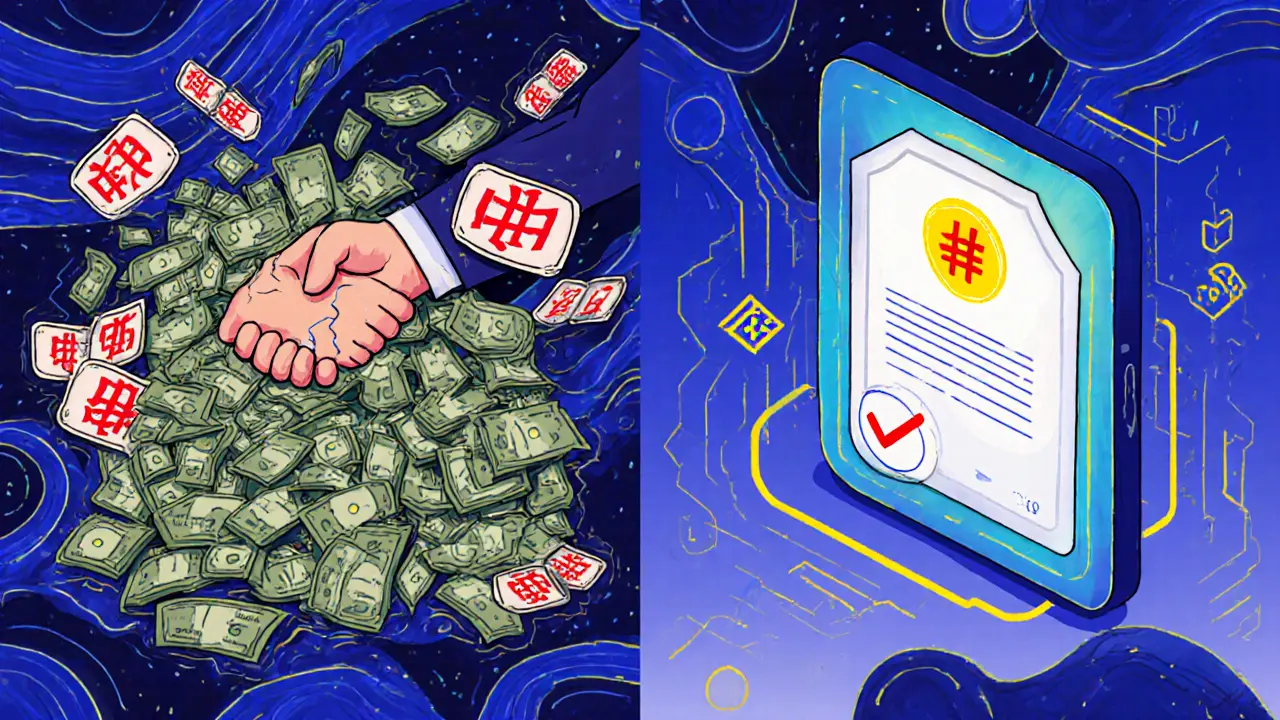 Разделённая сцена: мошенничество слева, безопасная сделка справа в психоделическом стиле